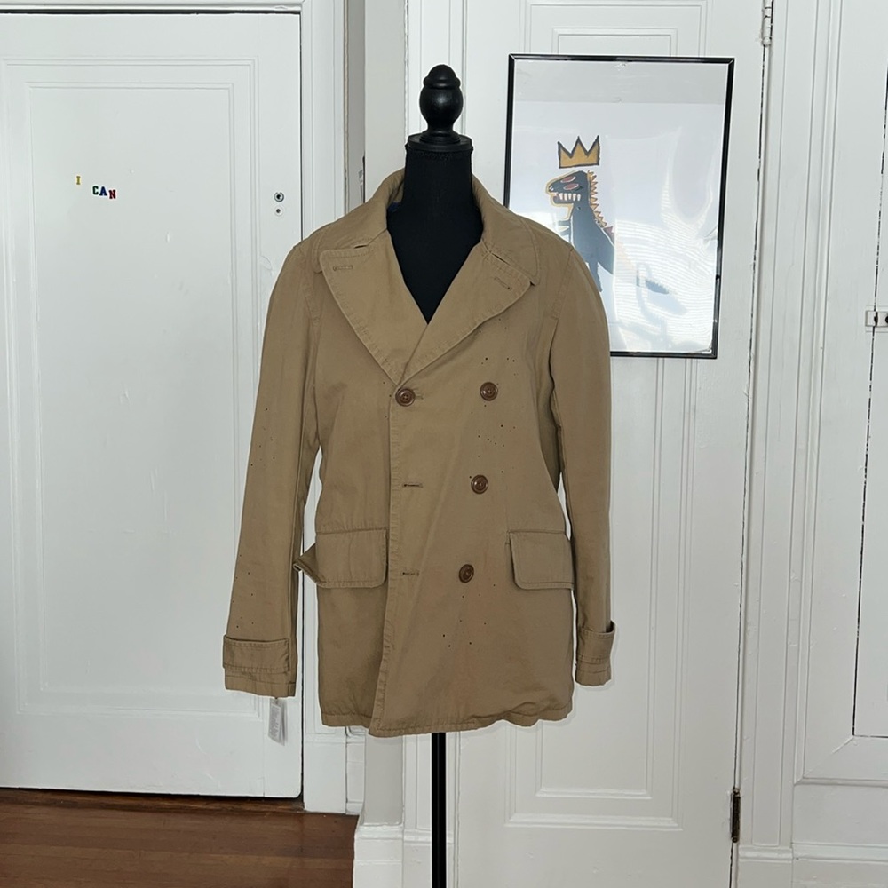 Khaki winter coat from The Gap. Ps. small navy blue ink spots detail as well